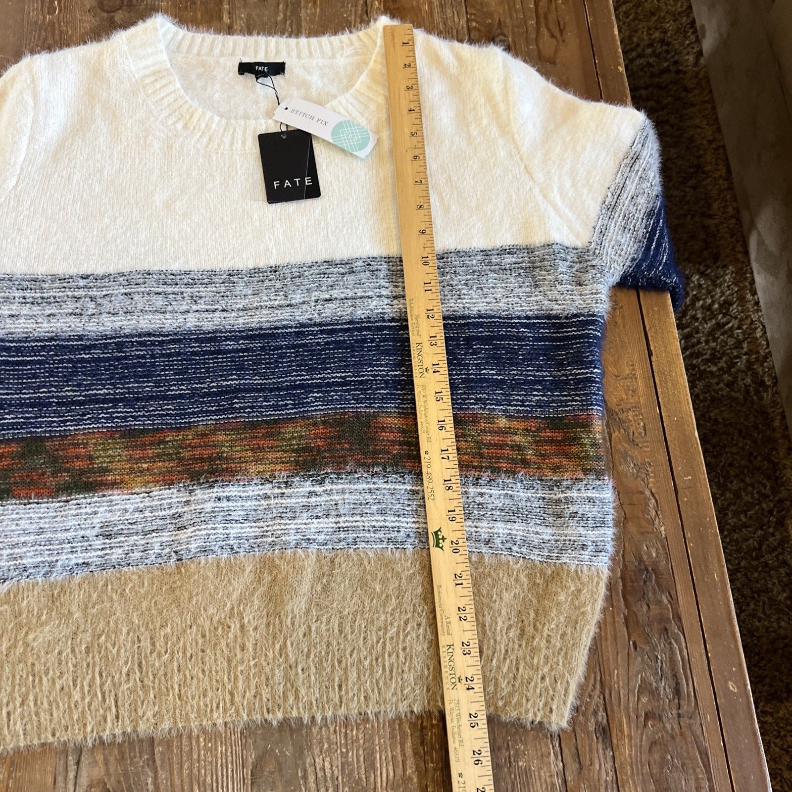 Nwt Fate Women’s Xl Fuzzy Colorblock Striped Sweater Stretch Fit Cream Blue — image 4 of 7